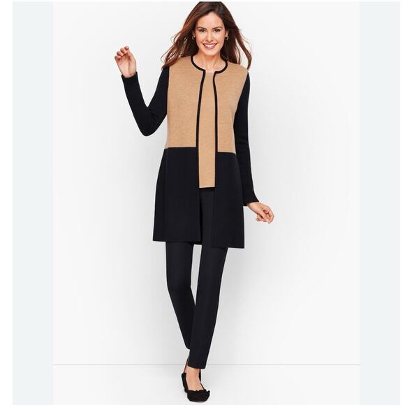 Talbots Merino Blend Colorblock Sweater Jacket Large Tan Black Open Front - Picture 1 of 10